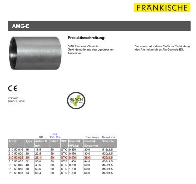 Conduit coupler, aluminum, Fränkische 21050025, datasheet