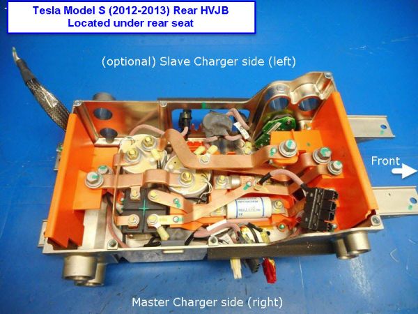 Tesla Model S Rear HVJB, cover removed.